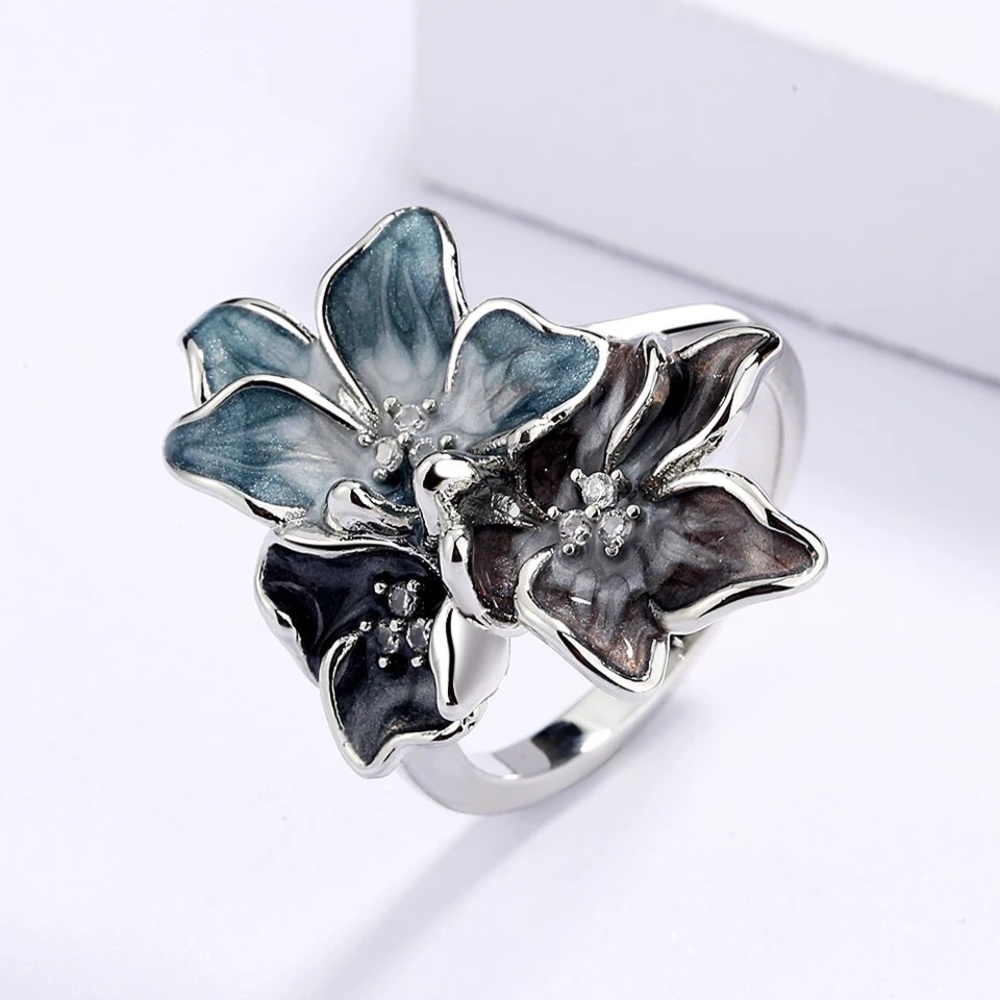 925 Sterling Silver Flower Ring Enameled with CZ Crystals